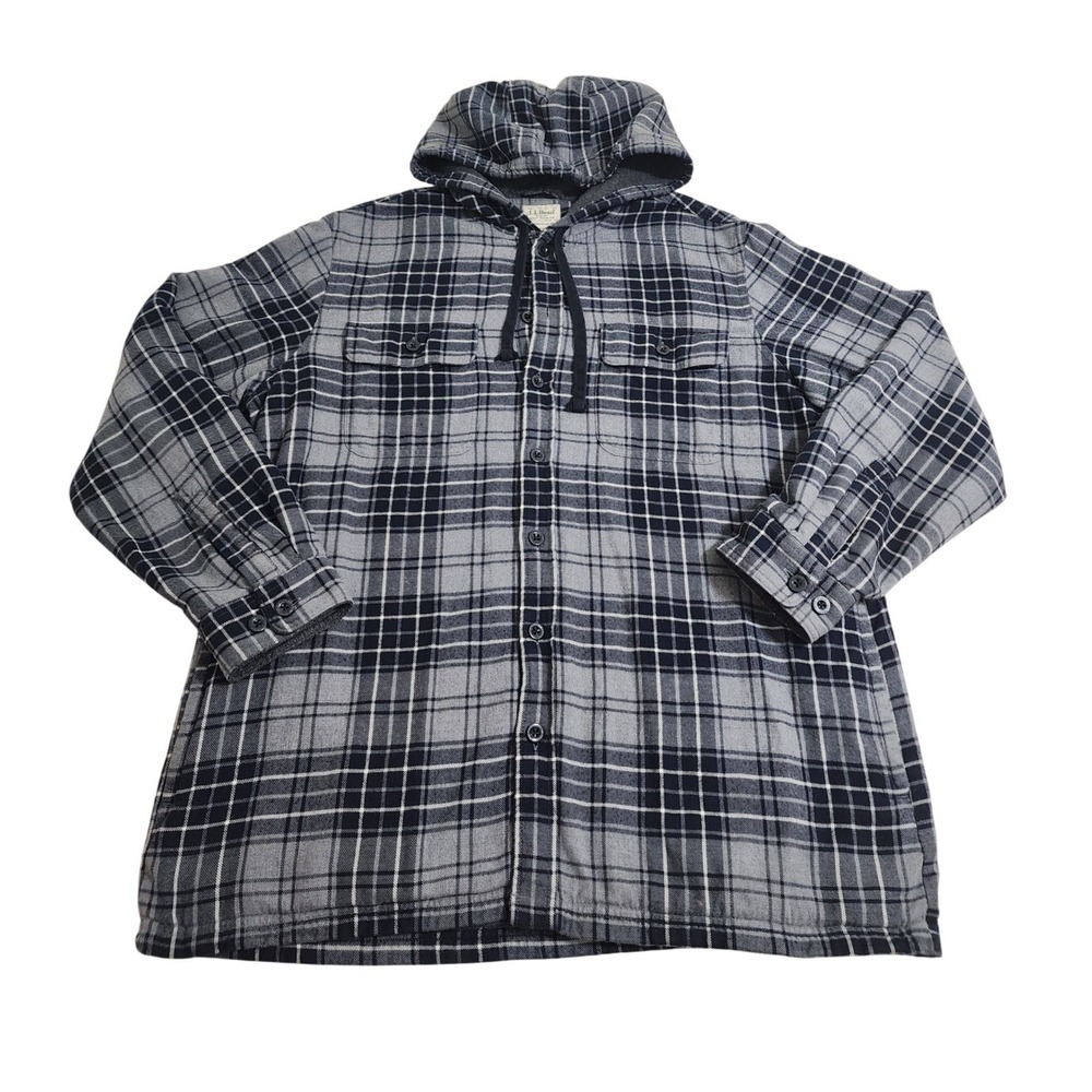 LL Bean Mens Large Plaid Hooded Flannel Shirt Jacket Fleece Lined Gray 298193